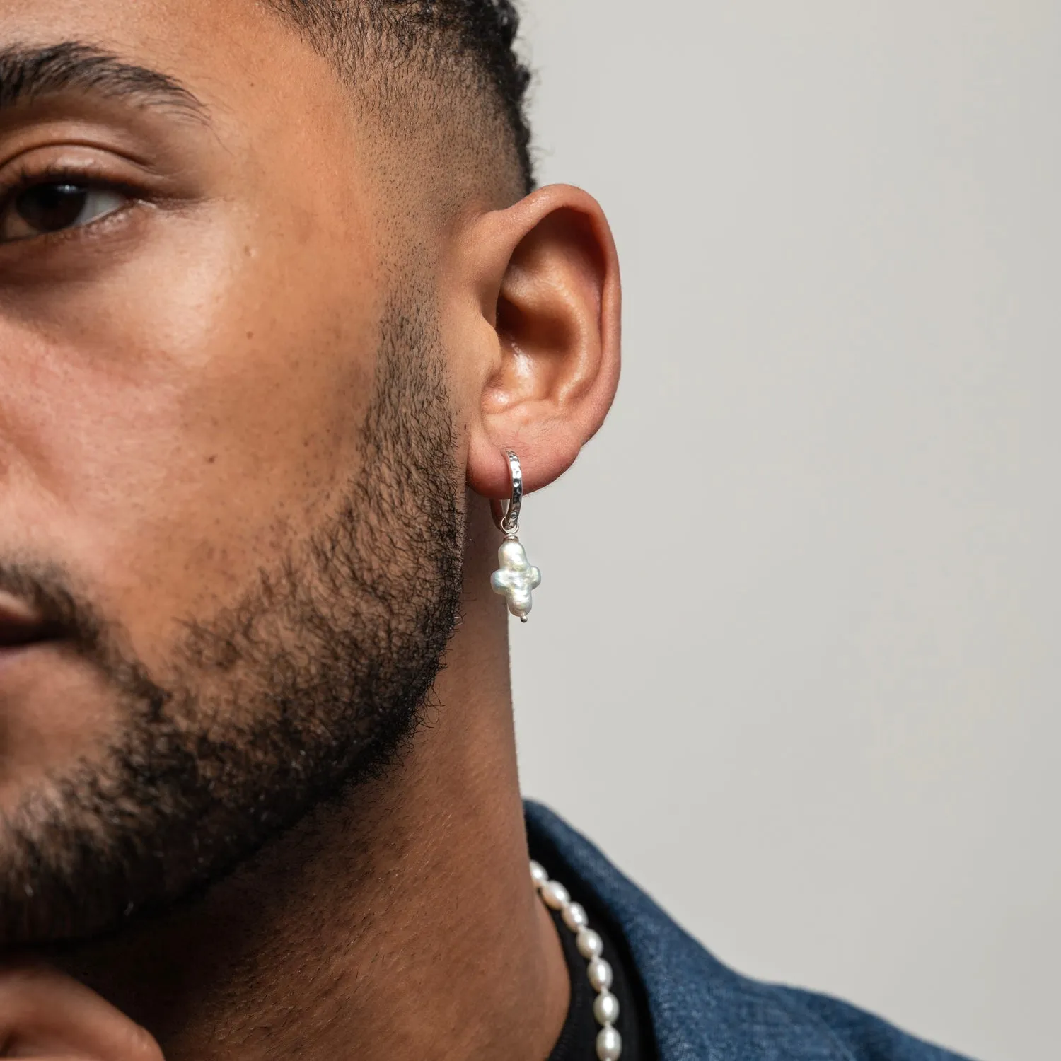 Men's Single White Cross Pearl Hoop sold by Dower & Hall product image thumbnail 2