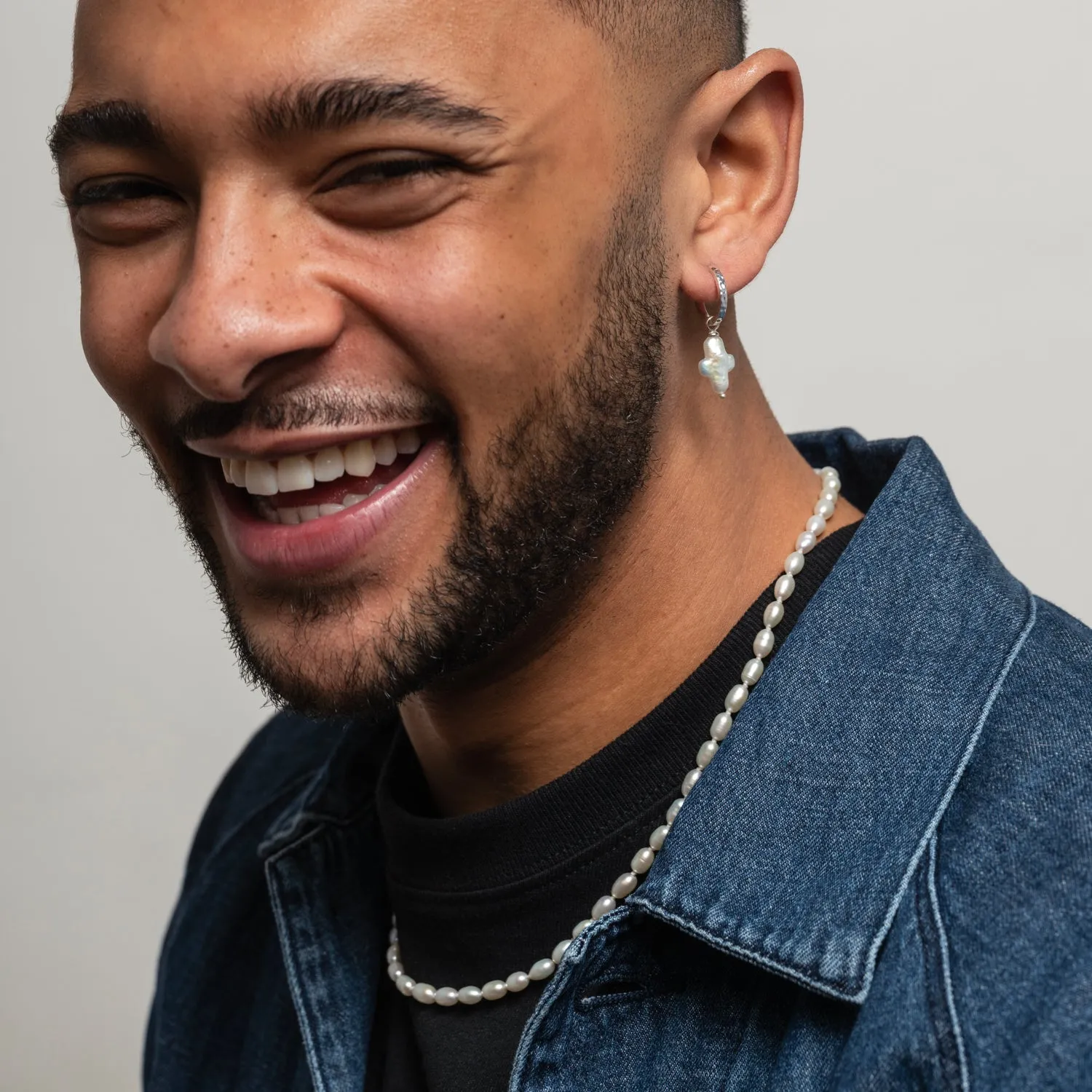 Men's Single White Cross Pearl Hoop sold by Dower & Hall product image thumbnail 4