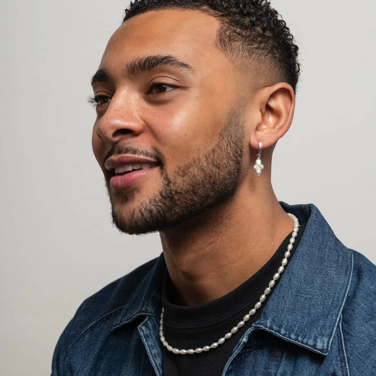 Men's Single White Cross Pearl Hoop sold by Dower & Hall product image thumbnail 3