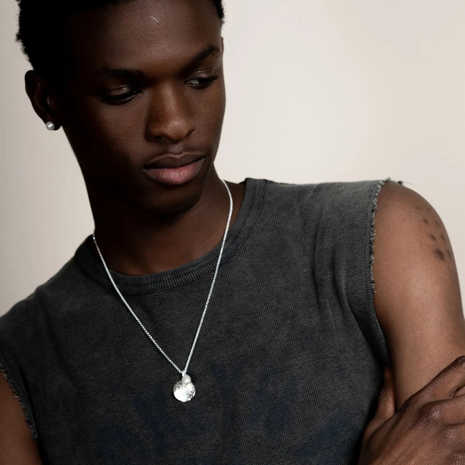 Men's Hammered Disc & White Freshwater Pearl Pendant sold by Dower & Hall product image thumbnail 2