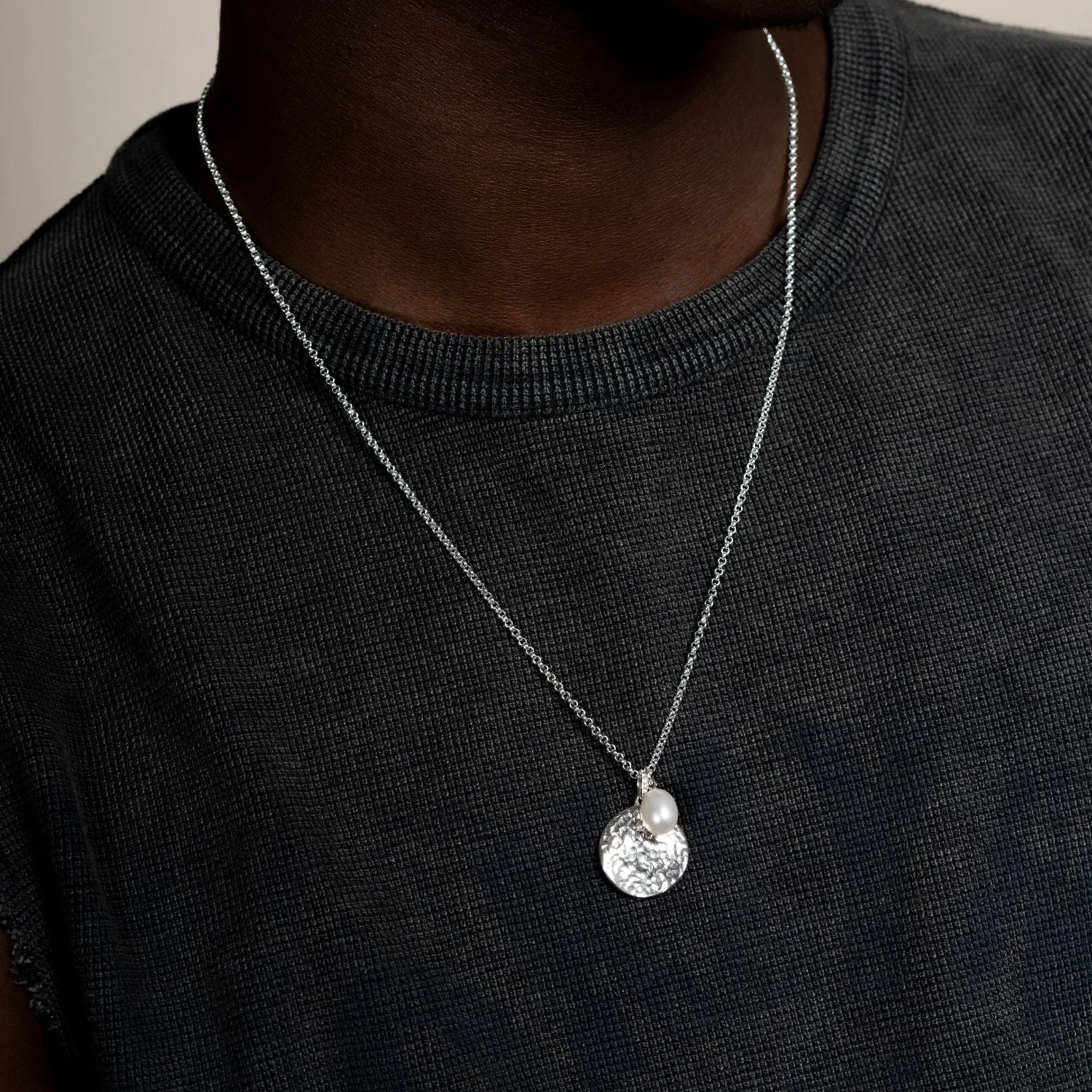 Men's Hammered Disc & White Freshwater Pearl Pendant sold by Dower & Hall product image thumbnail 3