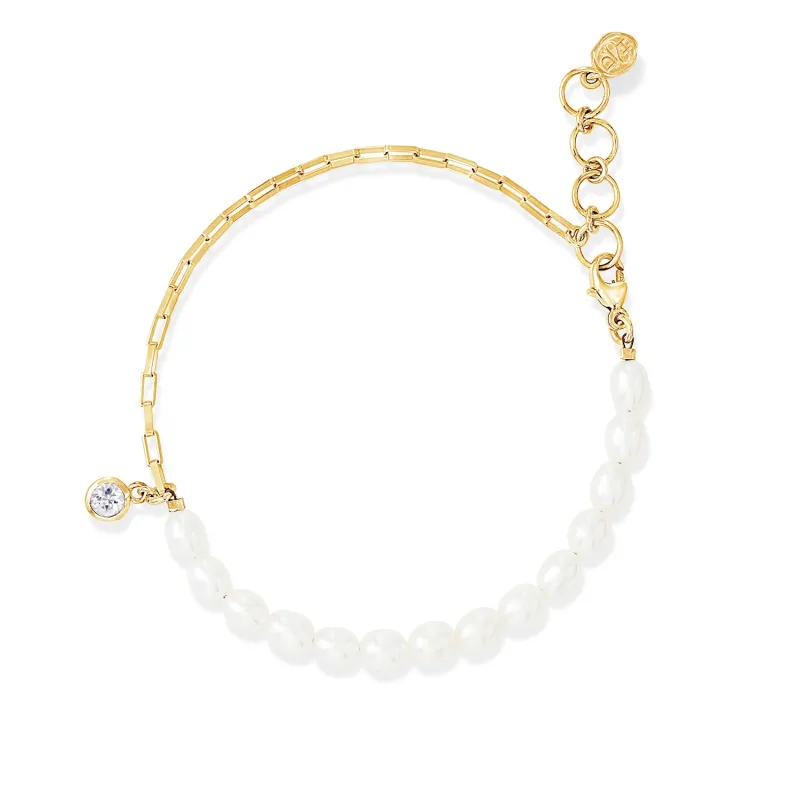 Luna White Pearl, Chain & White Topaz Drop Bracelet sold by Dower & Hall