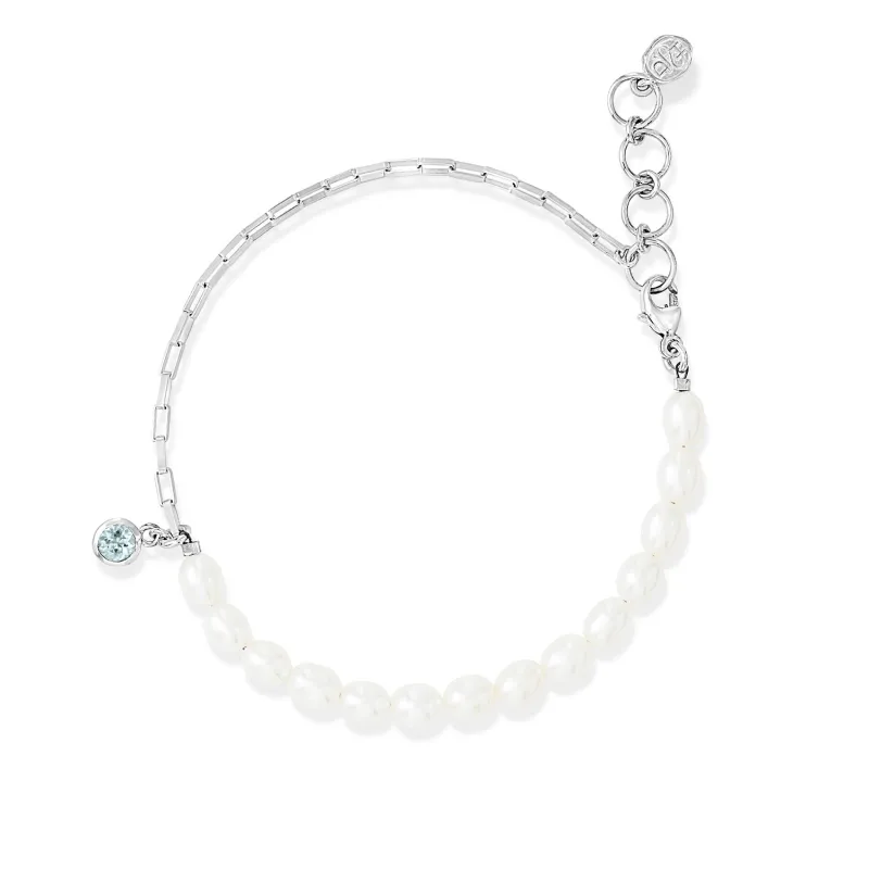 Luna White Pearl, Chain and Aquamarine Drop Bracelet sold by Dower & Hall