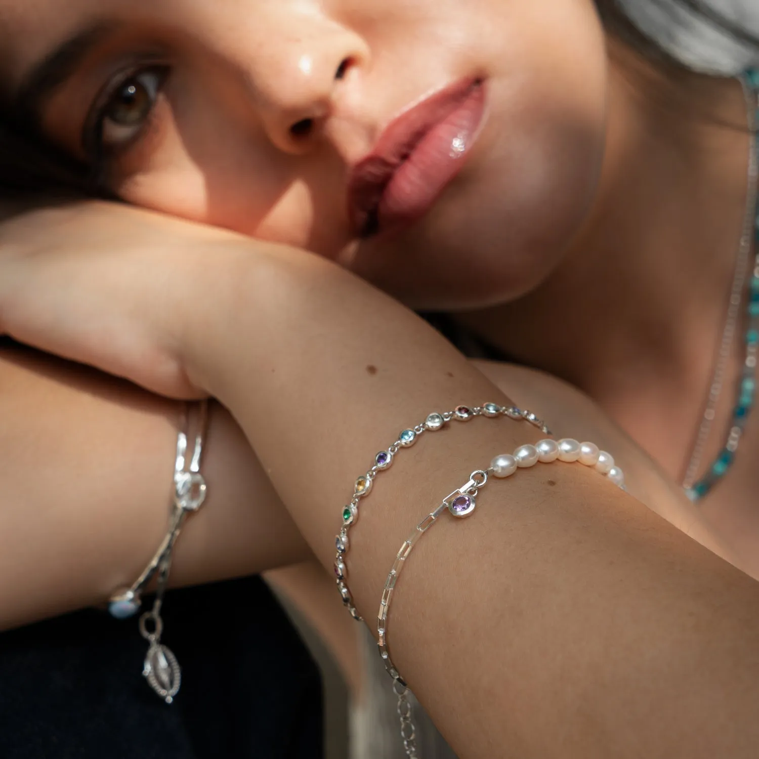 Luna White Pearl, Chain and Amethyst Drop Bracelet sold by Dower & Hall product image thumbnail 3