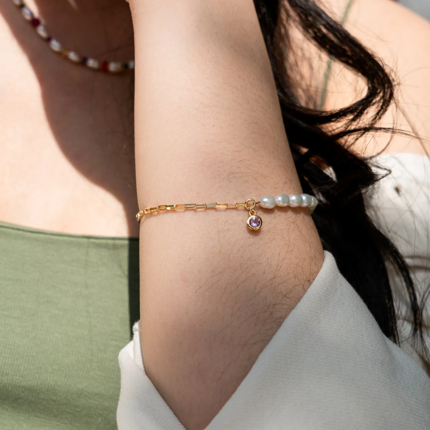 Luna White Pearl, Chain and Amethyst Drop Bracelet sold by Dower & Hall product image thumbnail 5