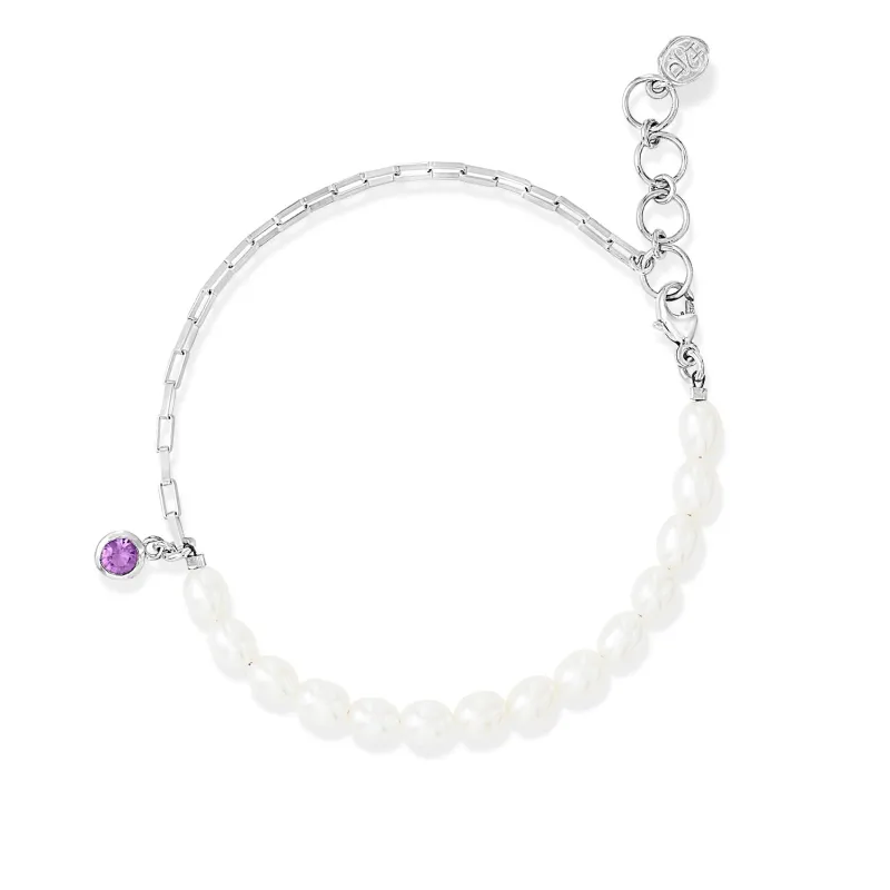 Luna White Pearl, Chain and Amethyst Drop Bracelet sold by Dower & Hall