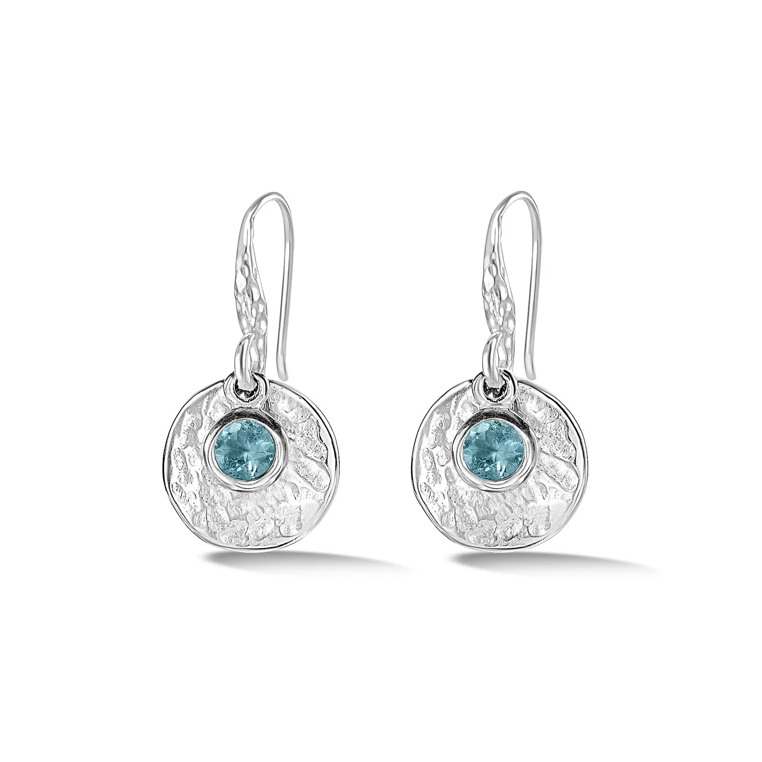 Hammered Disc & Blue Topaz Array Drop Earrings sold by Dower & Hall