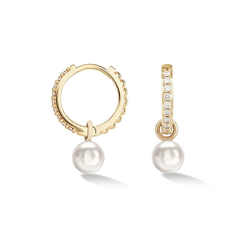 9k Diamond & Round Pearl Drop Hoops sold by Dower & Hall
