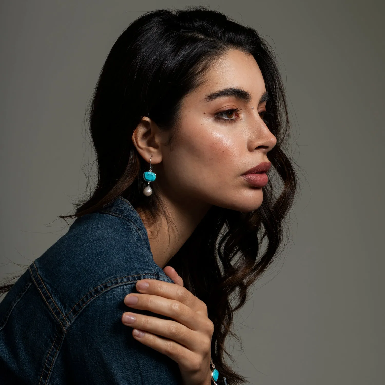 Turquoise Pebble & Pearl Drop Earrings sold by Dower & Hall product image thumbnail 2