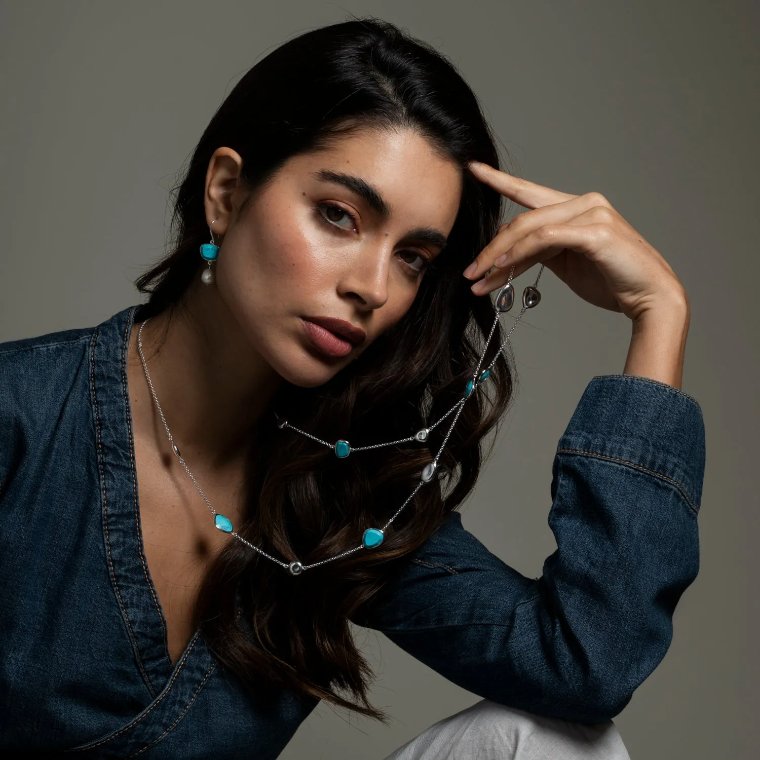 Turquoise Pebble & Pearl Drop Earrings sold by Dower & Hall product image thumbnail 4