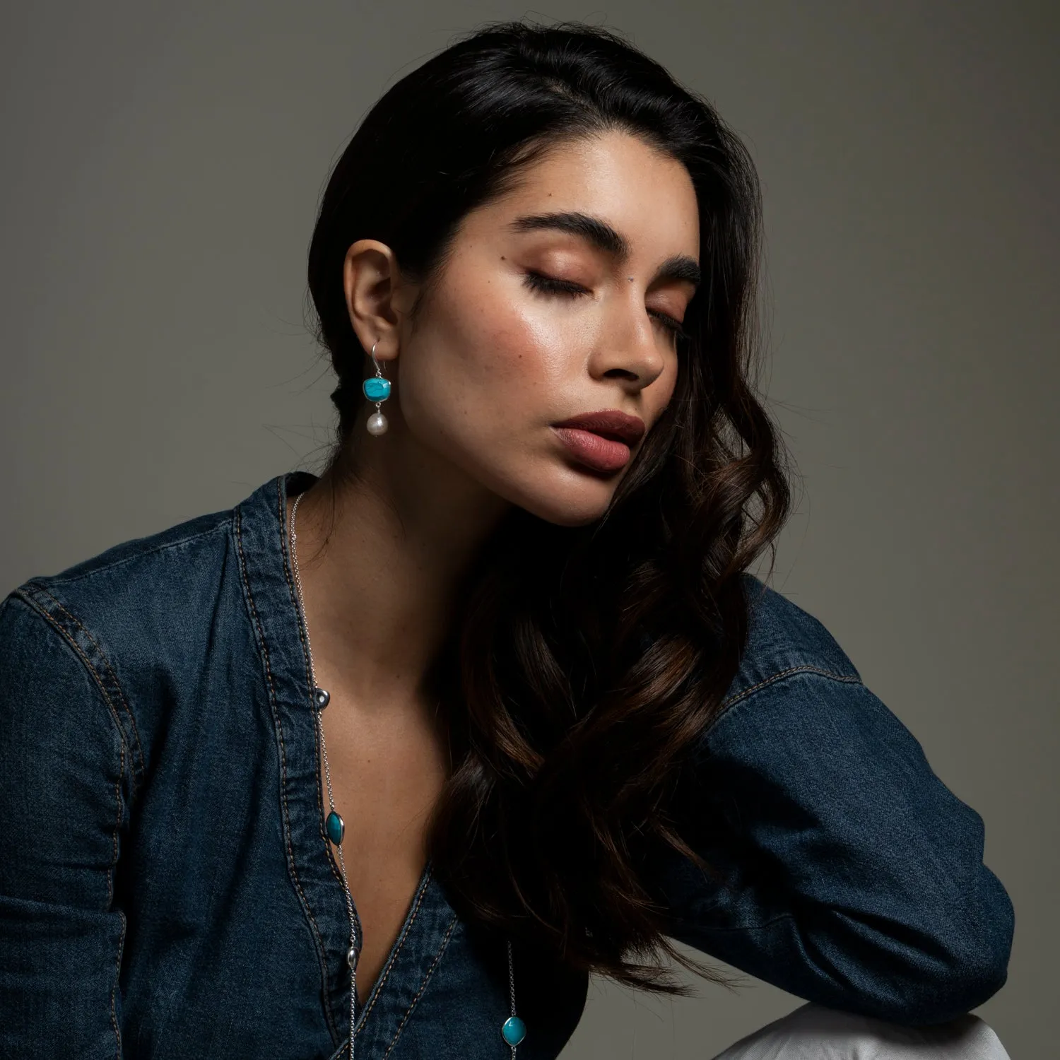 Turquoise Pebble & Pearl Drop Earrings sold by Dower & Hall product image thumbnail 3