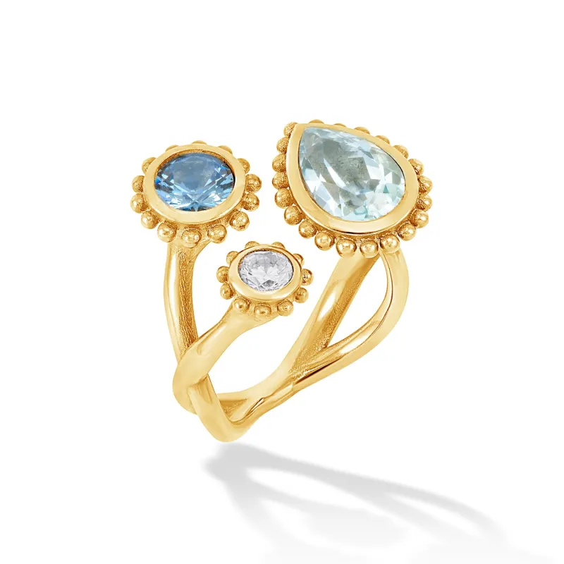 14k Gold Anemone Trio Ring with Blue Topaz sold by Dower & Hall