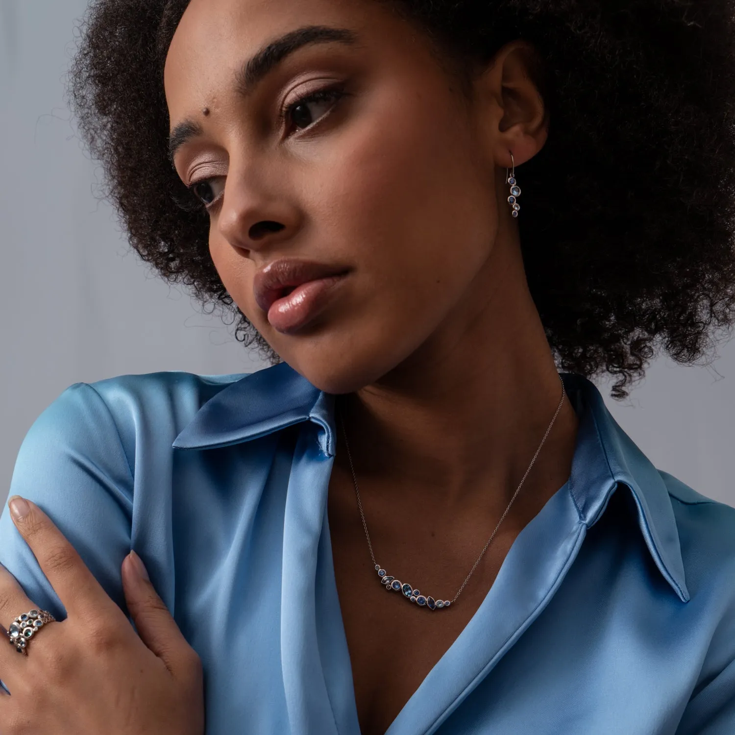 18k Sapphire & Aquamarine Multi-Cut Cascade Necklace sold by Dower & Hall product image thumbnail 2