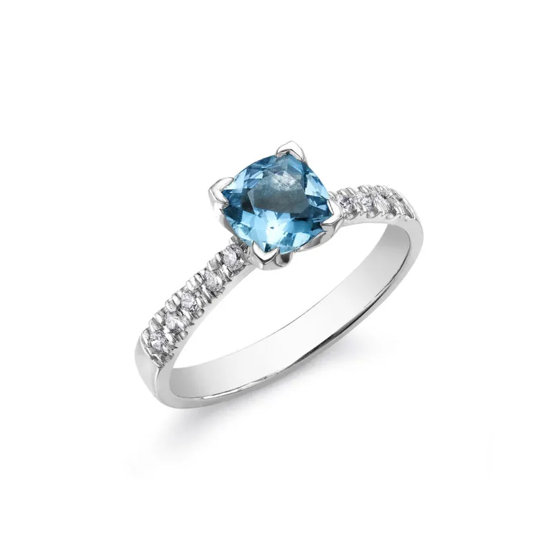 18k Lotus Engagement Ring with Cushion Cut Aquamarine sold by Dower & Hall