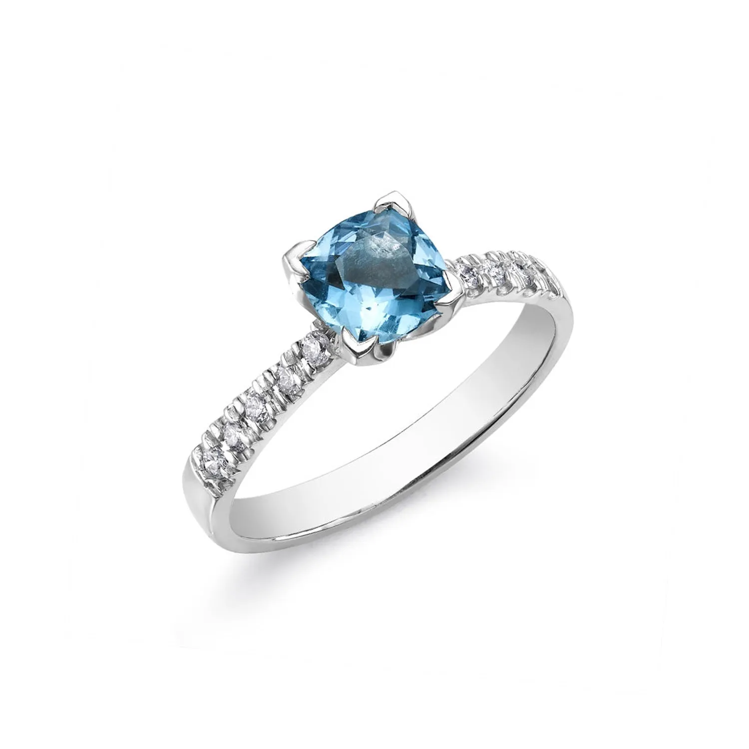18k Lotus Engagement Ring with Cushion Cut Aquamarine sold by Dower & Hall