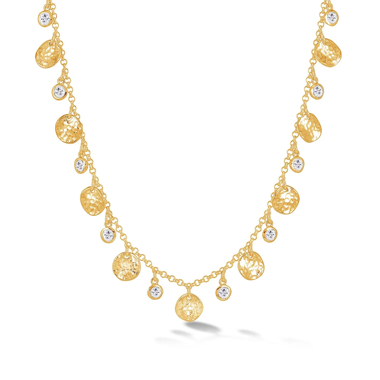 Hammered Disc & White Topaz Array Necklace sold by Dower & Hall