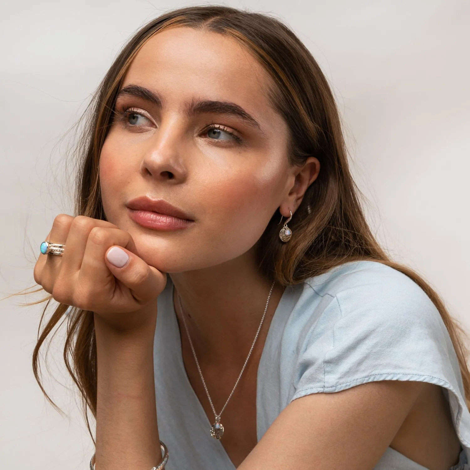 Hammered Disc & Opal Array Drop Earrings sold by Dower & Hall product image thumbnail 5