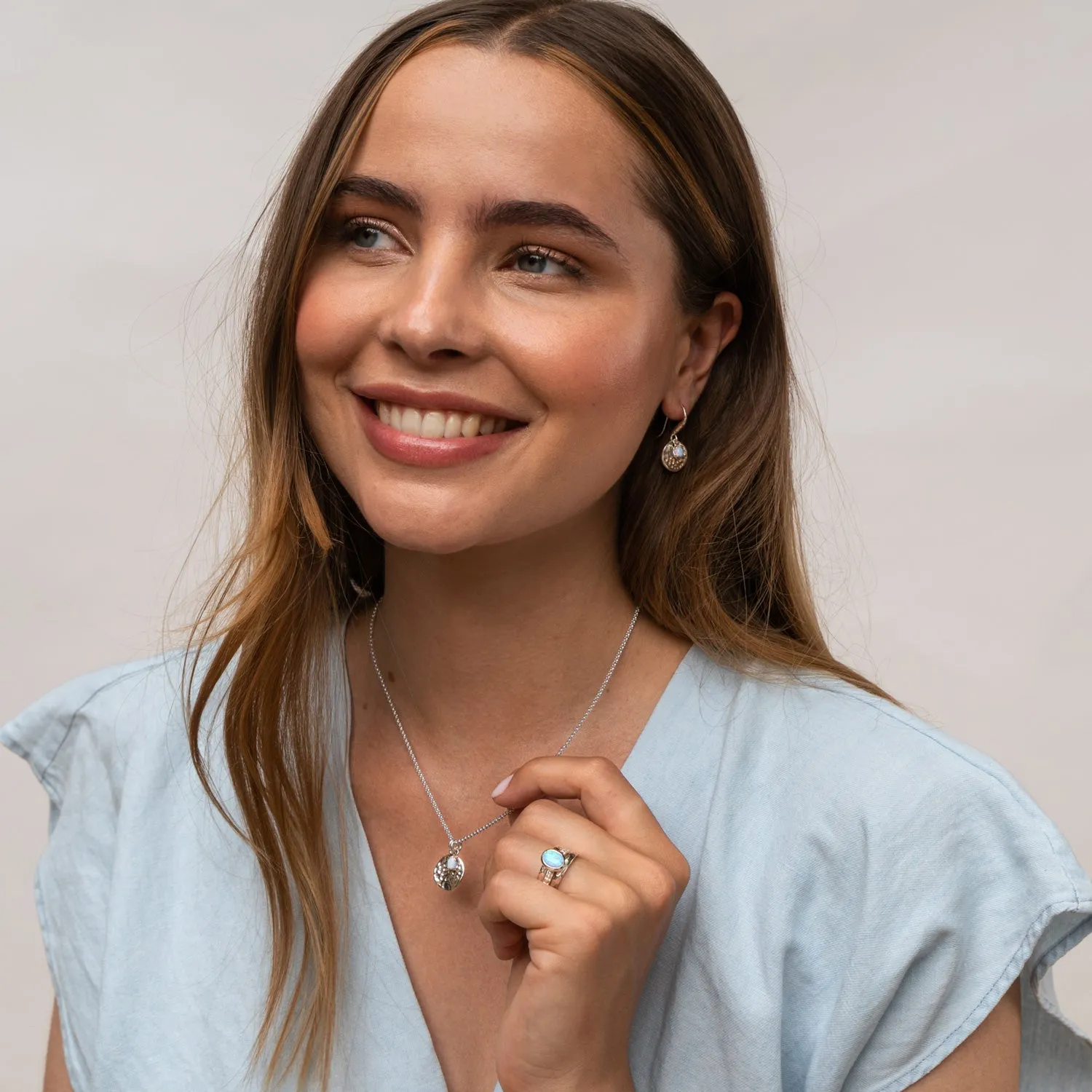 Hammered Disc & Opal Array Drop Earrings sold by Dower & Hall product image thumbnail 4