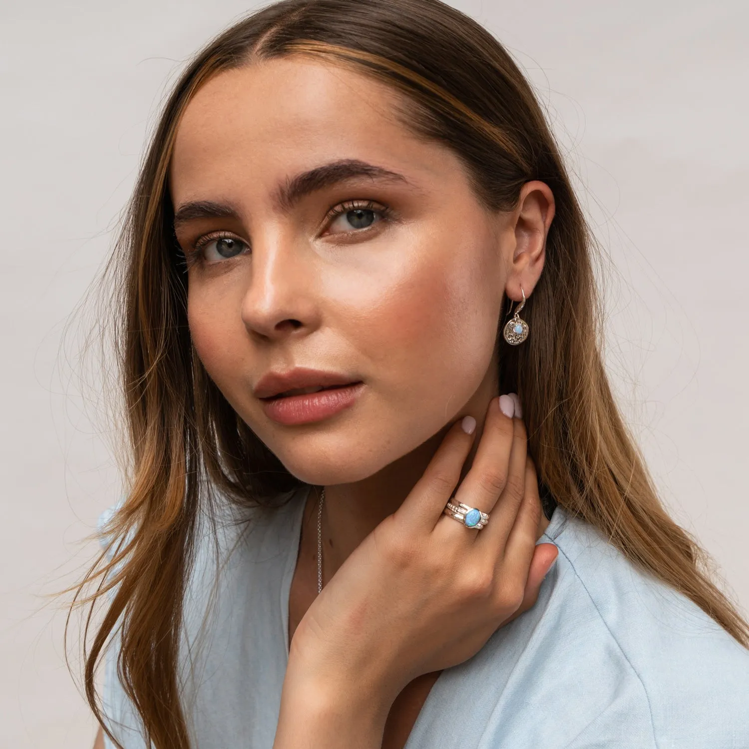 Hammered Disc & Opal Array Drop Earrings sold by Dower & Hall product image thumbnail 3