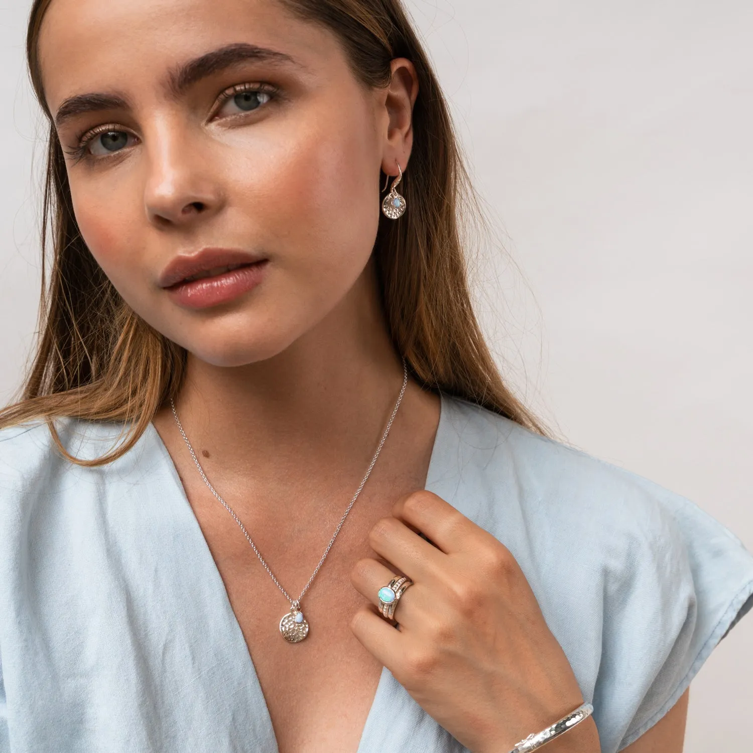 Hammered Disc & Opal Array Drop Earrings sold by Dower & Hall product image thumbnail 2