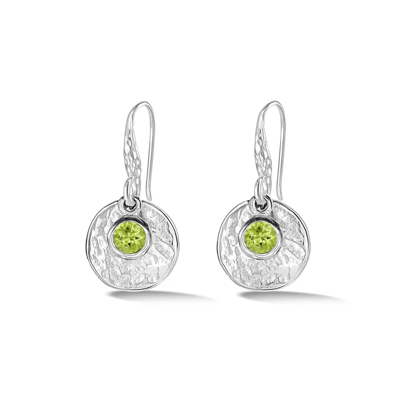 Hammered Disc & Peridot Array Drop Earrings sold by Dower & Hall