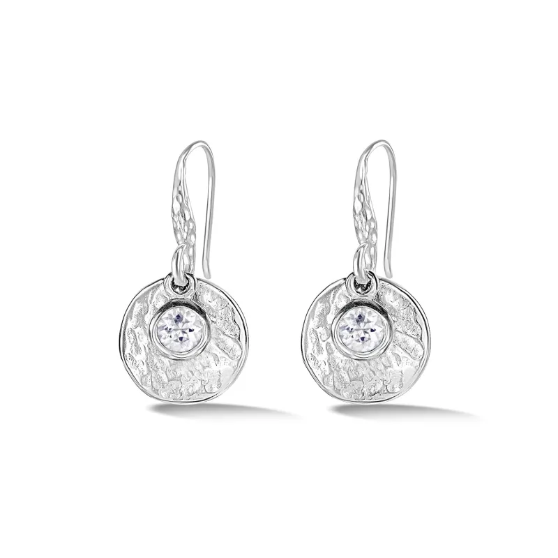 Hammered Disc & White Topaz Array Drop Earrings sold by Dower & Hall