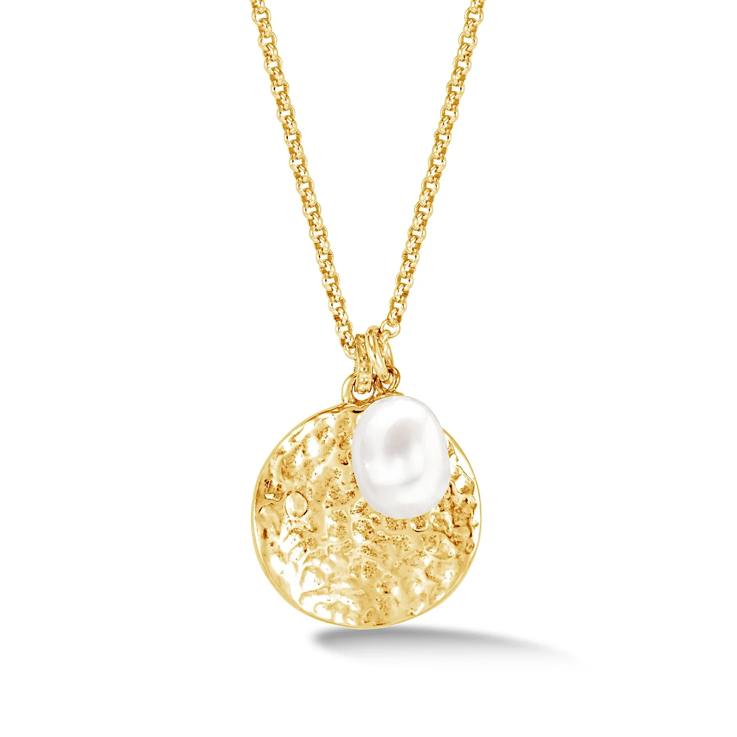Hammered Disc & White Freshwater Pearl Nomad Pendant sold by Dower & Hall
