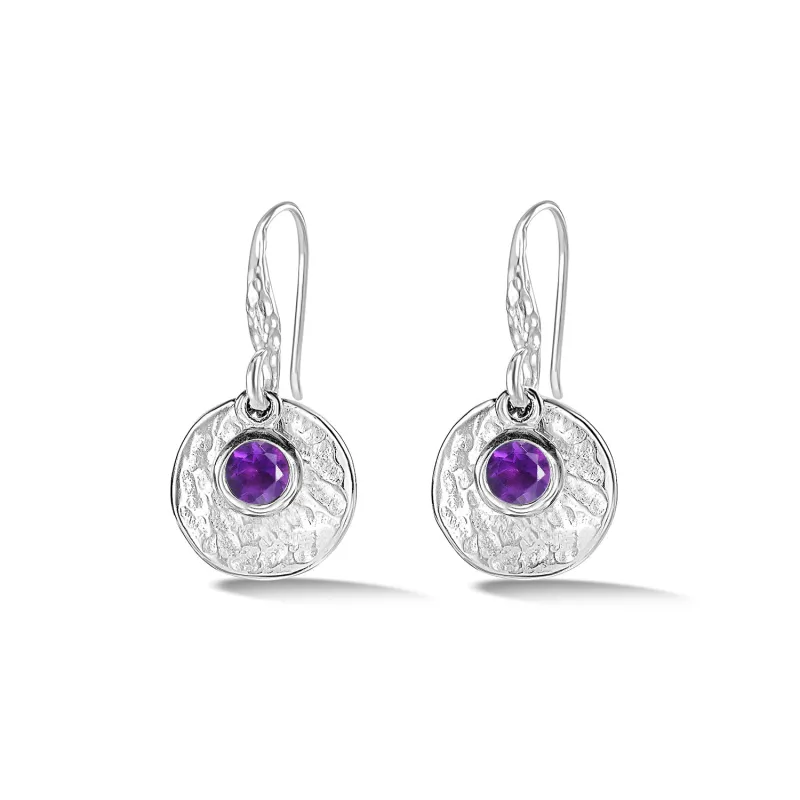 Hammered Disc & Amethyst Array Earrings sold by Dower & Hall