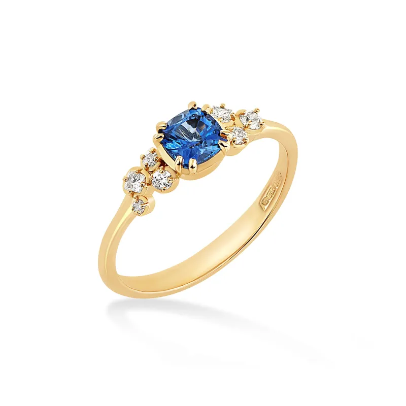 18k 5mm Cushion Sapphire & Diamond Stargazer Ring sold by Dower & Hall