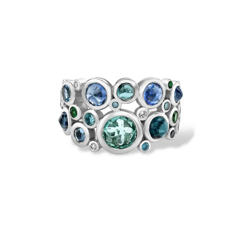 18k White Gold Three Row Blues Cascade Ring sold by Dower & Hall