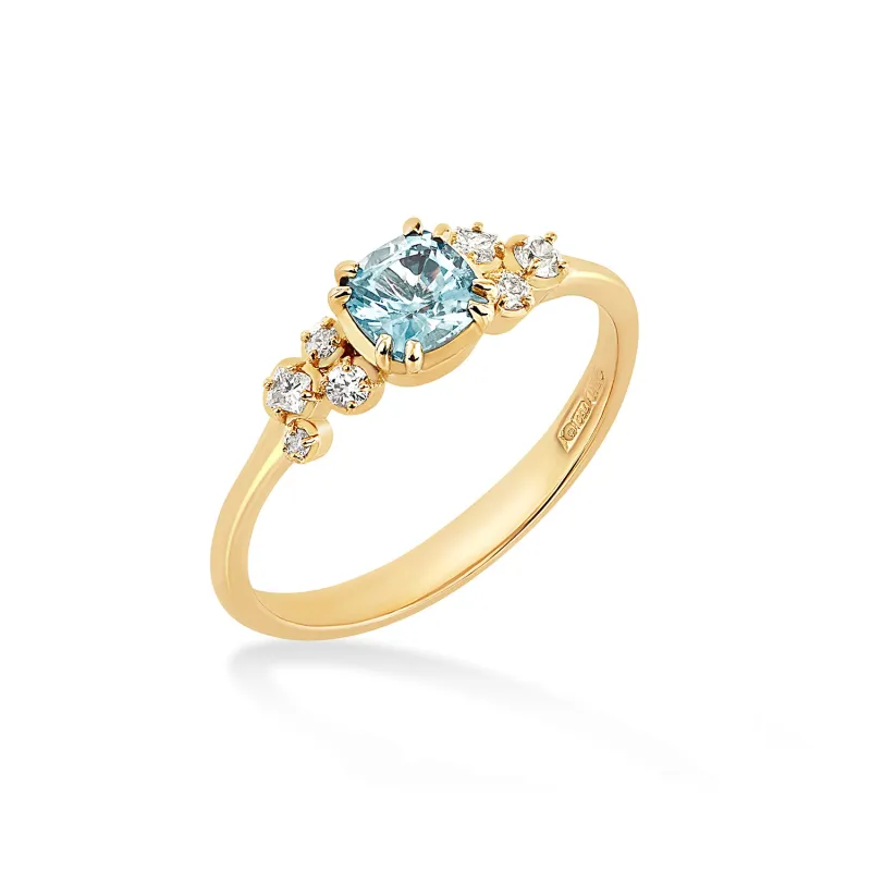 18k 5mm Cushion Aquamarine & Diamond Stargazer Ring sold by Dower & Hall