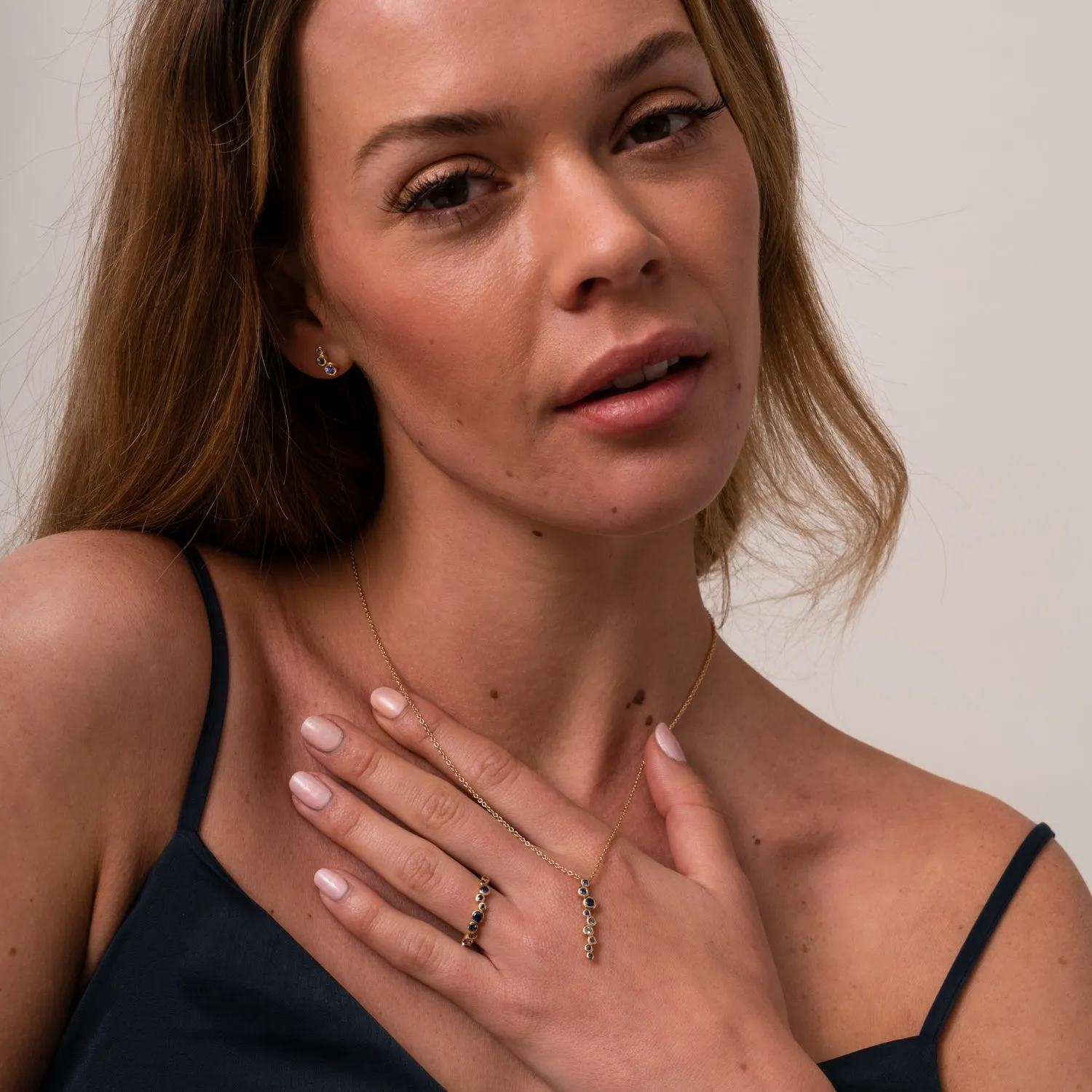 18k Sapphire & Aquamarine Long Cascade Pendant sold by Dower & Hall product image thumbnail 2