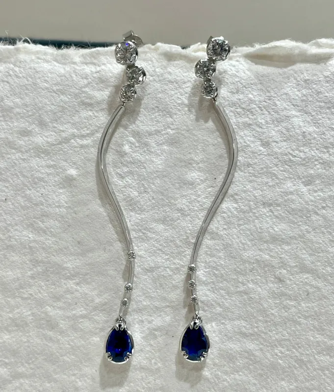 Bespoke Fluidity Ear-drops with Diamonds & sapphires sold by Dower & Hall