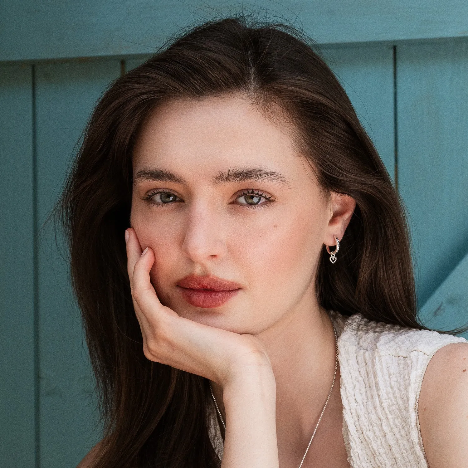 Hammered Heart Charm Huggie Hoops sold by Dower & Hall product image thumbnail 2