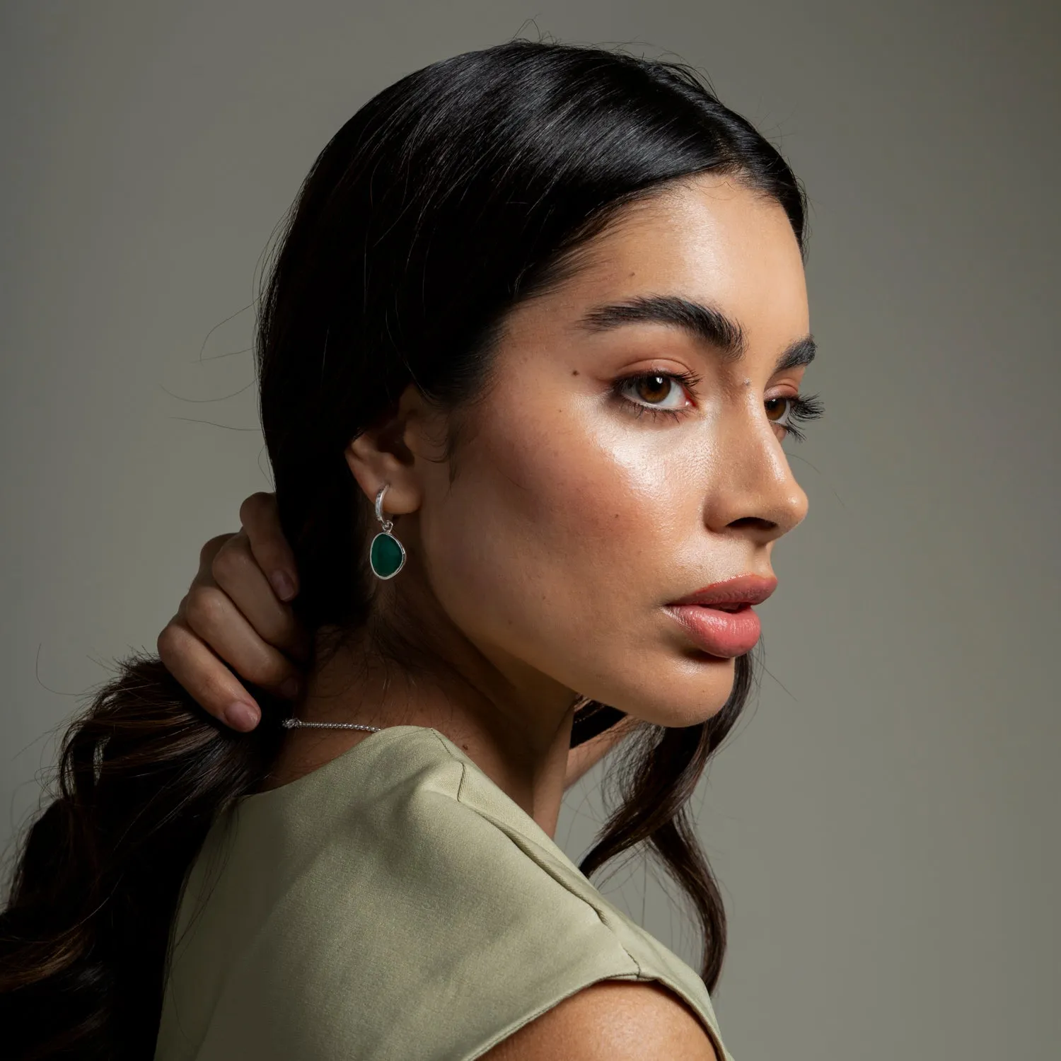 Green Onyx Pebble Huggie Hoops sold by Dower & Hall product image thumbnail 5