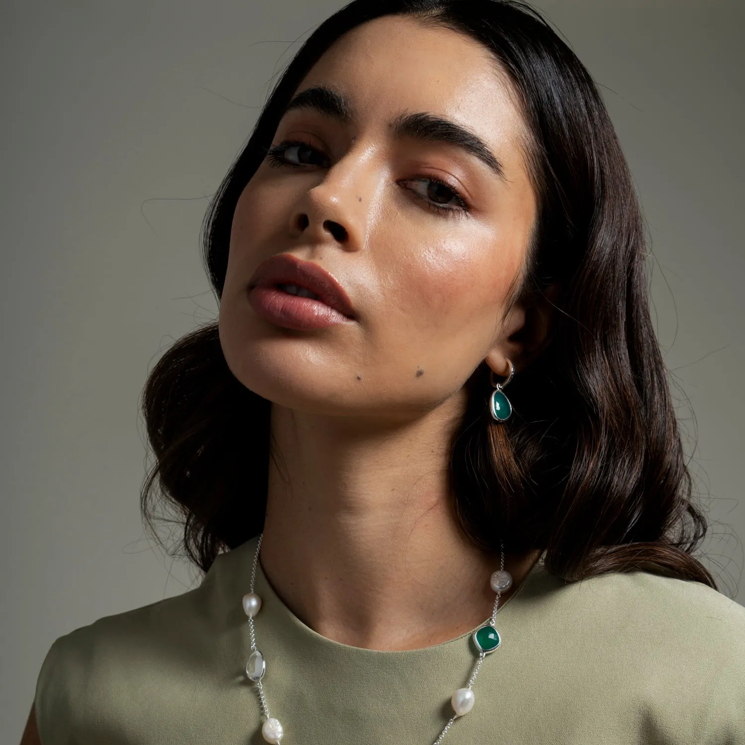 Green Onyx Pebble Huggie Hoops sold by Dower & Hall product image thumbnail 2