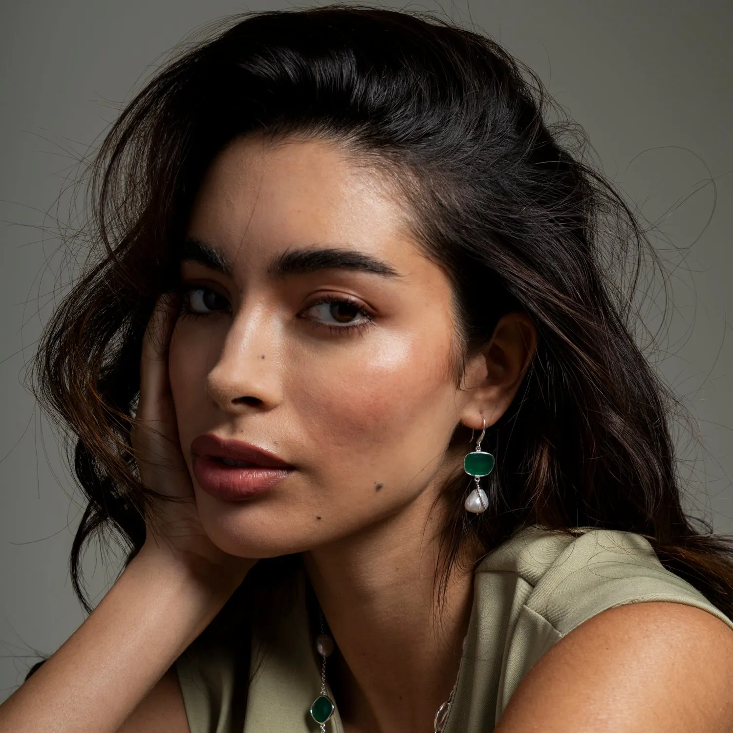 Green Onyx Pebble & Pearl Drop Earrings sold by Dower & Hall product image thumbnail 3