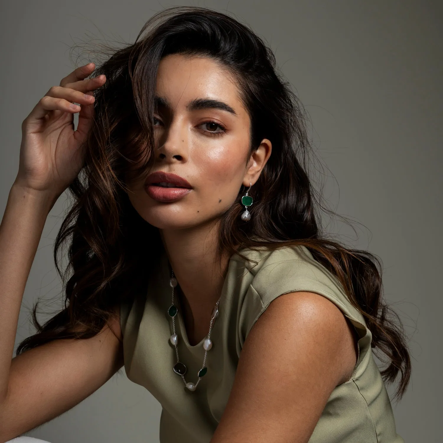 Green Onyx Pebble & Pearl Drop Earrings sold by Dower & Hall product image thumbnail 2