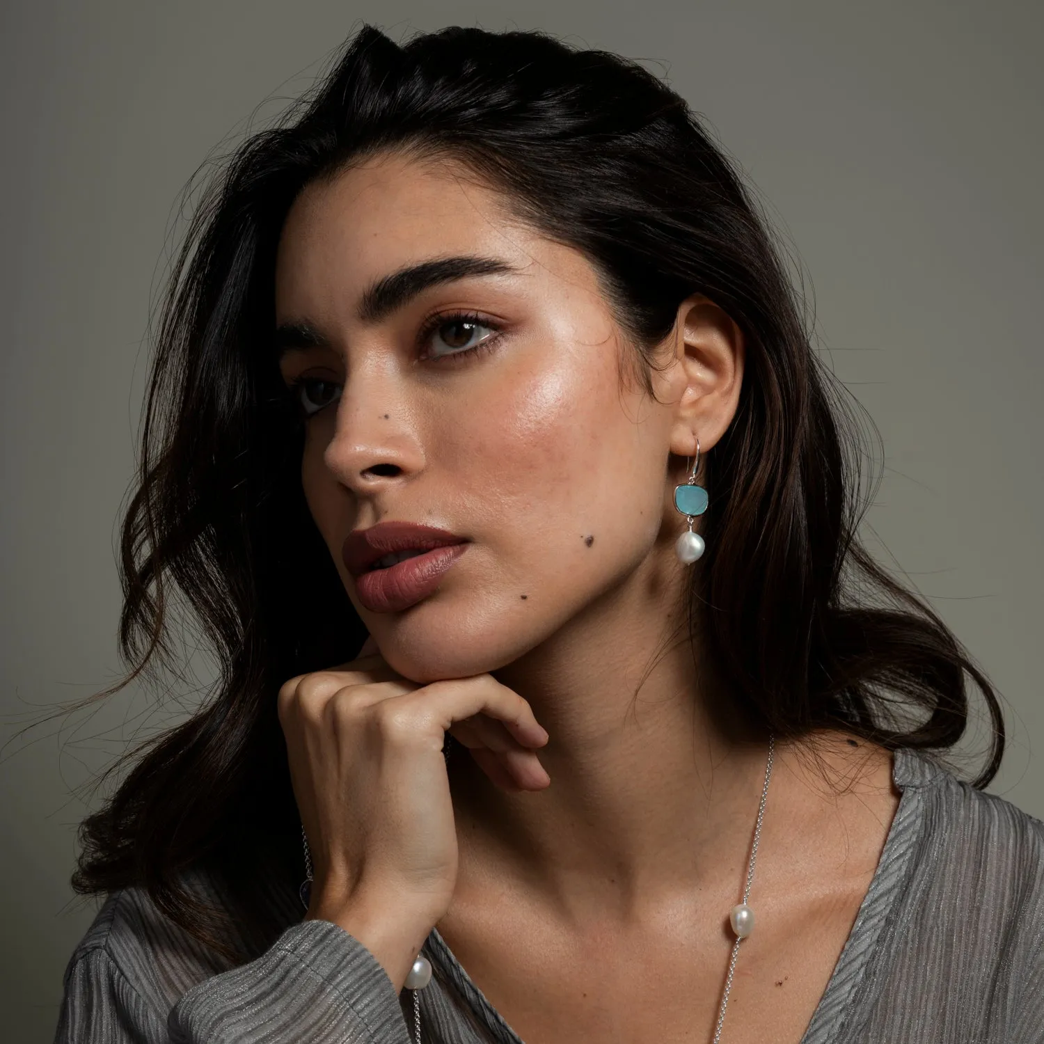 Chalcedony Pebble & Pearl Drop Earrings sold by Dower & Hall product image thumbnail 3