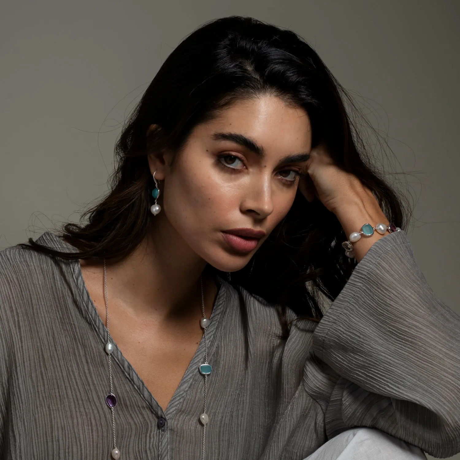 Chalcedony Pebble & Pearl Drop Earrings sold by Dower & Hall product image thumbnail 5