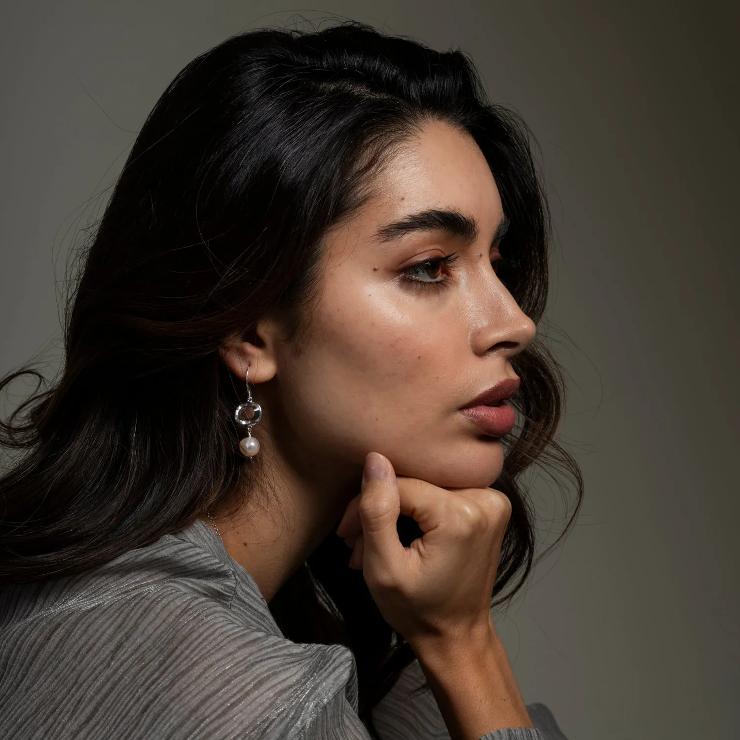 Rock Crystal Pebble & Pearl Drop Earrings sold by Dower & Hall product image thumbnail 3