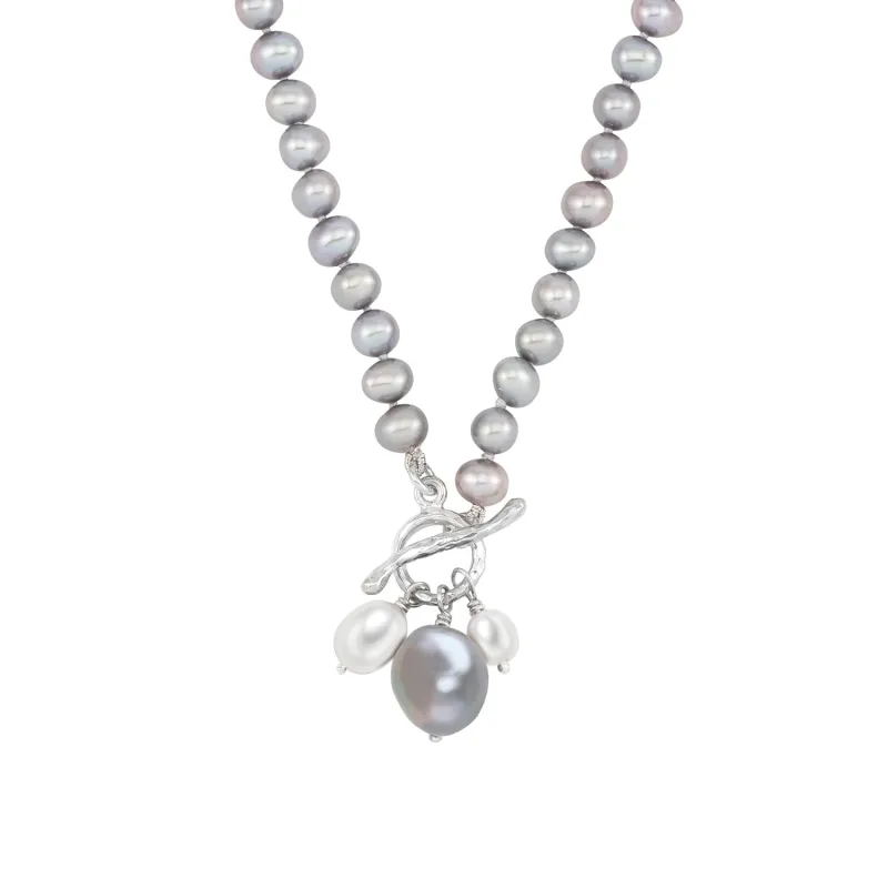 Dove Grey Pearl Cluster T-Bar Necklace sold by Dower & Hall