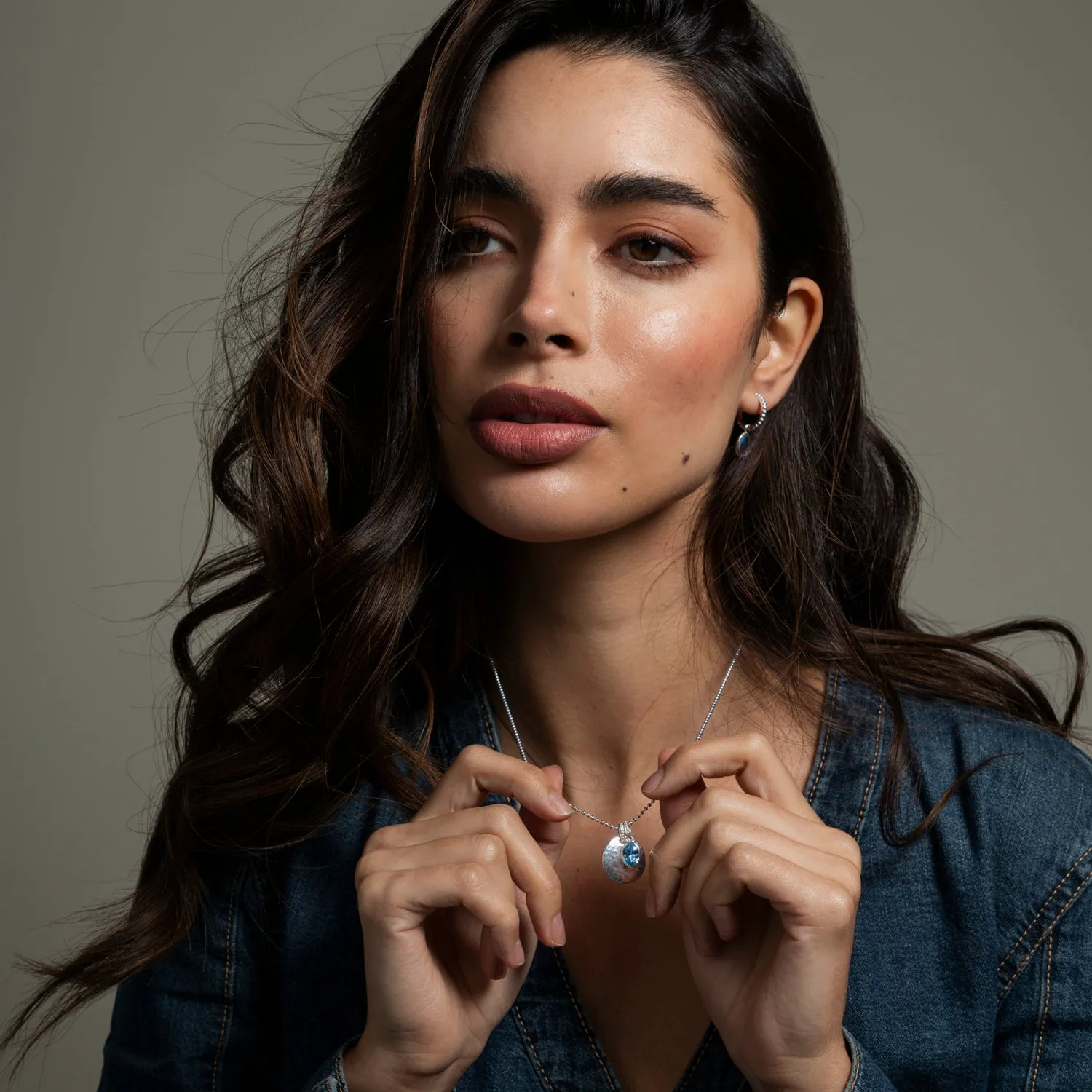 Hammered Disc & Oval Blue Topaz Array Pendant sold by Dower & Hall product image thumbnail 3