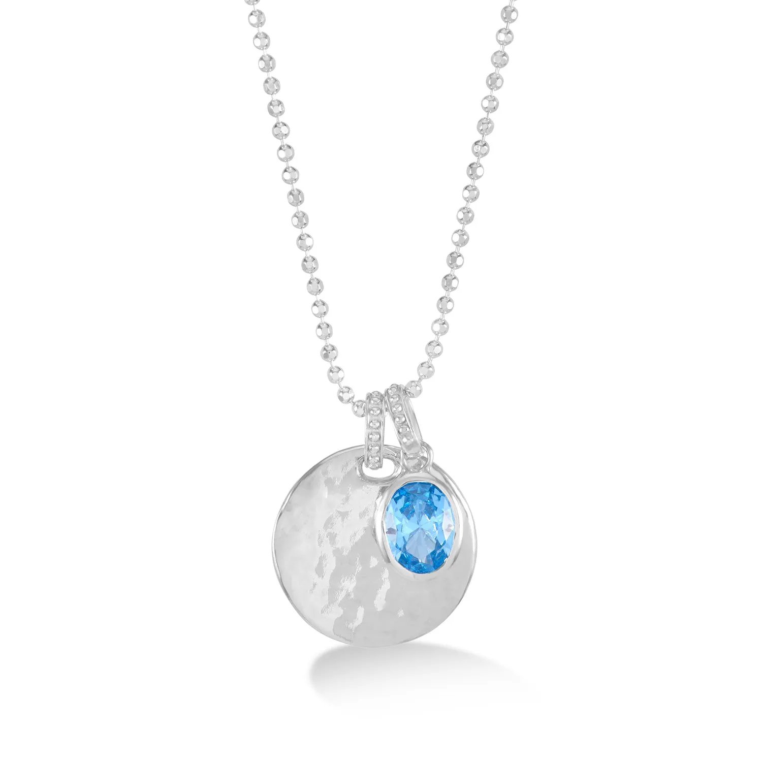 Hammered Disc & Oval Blue Topaz Array Pendant sold by Dower & Hall