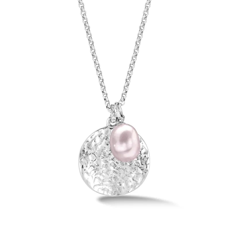 Hammered Disc & Pink Freshwater Pearl Pendant sold by Dower & Hall