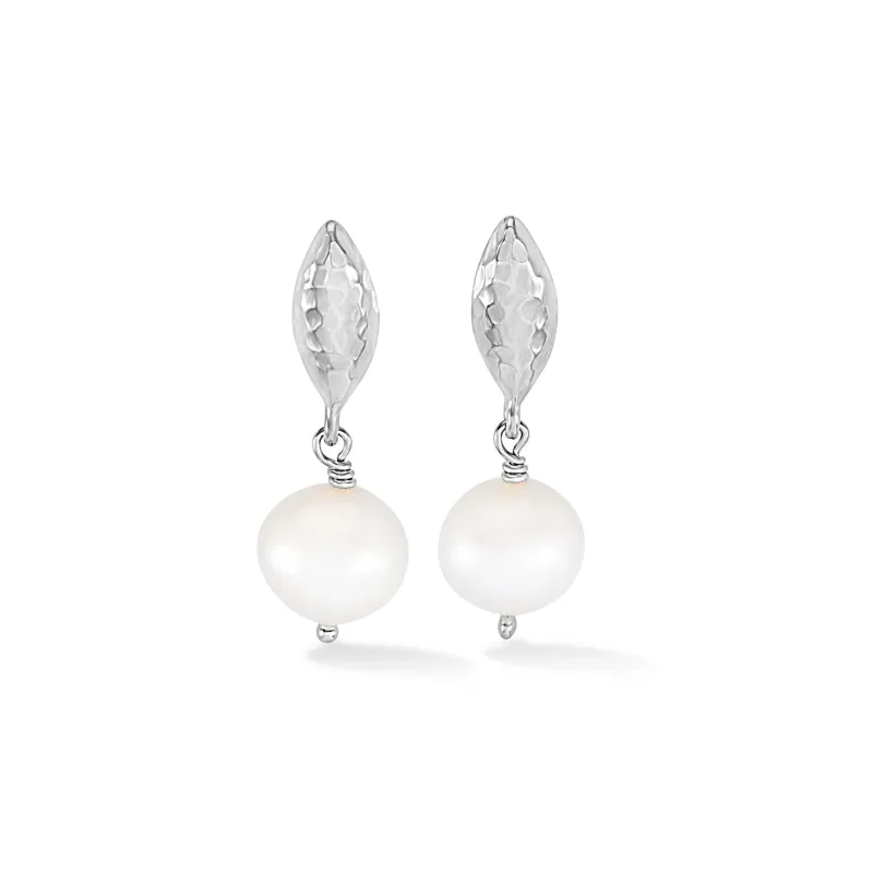 Hammered Marquise & Round White Pearl Drop Earrings sold by Dower & Hall