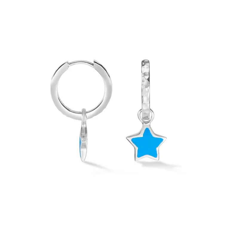 Blue Enamel Narrative Star Huggie Hoops sold by Dower & Hall