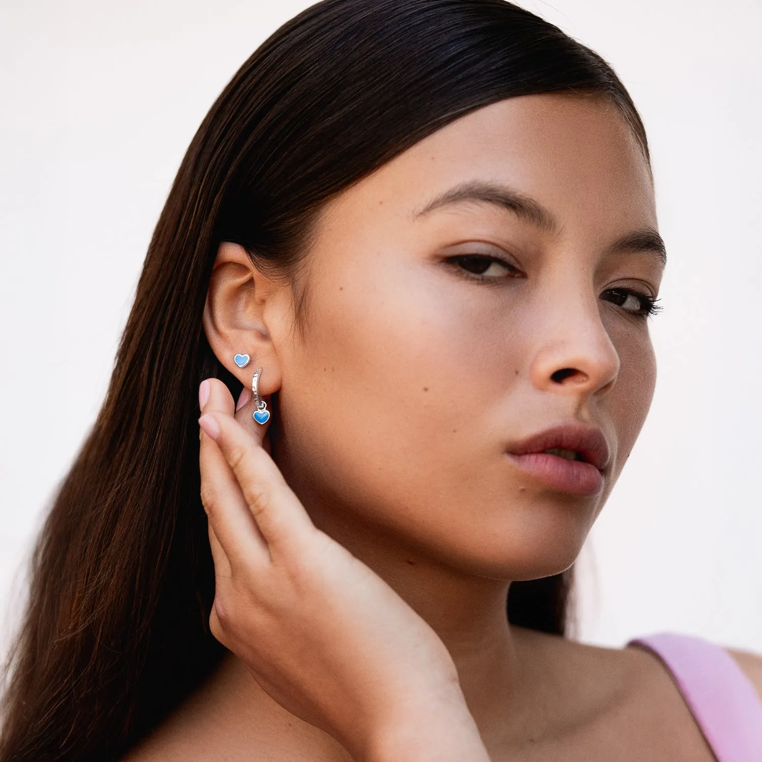 Blue Enamel Narrative Heart Huggie Hoops sold by Dower & Hall product image thumbnail 2