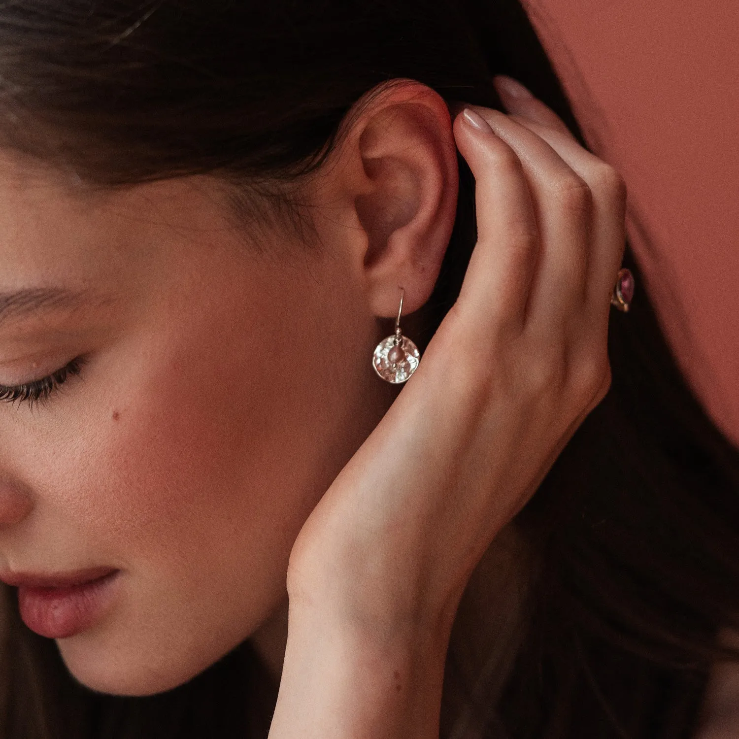 Hammered Disc & Pink Freshwater Nomad Pearl Earrings sold by Dower & Hall product image thumbnail 2