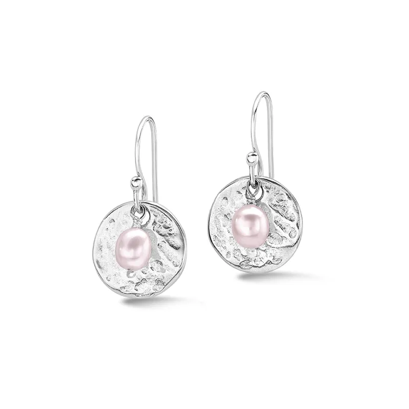 Hammered Disc & Pink Freshwater Nomad Pearl Earrings sold by Dower & Hall